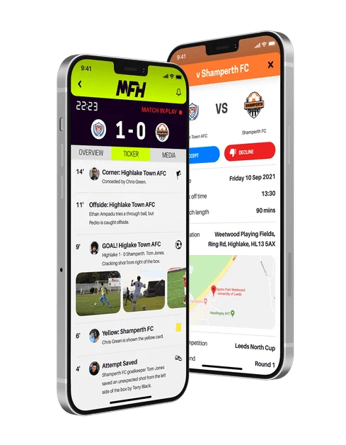 My Football Hub app on two iPhones showing a live match and feed