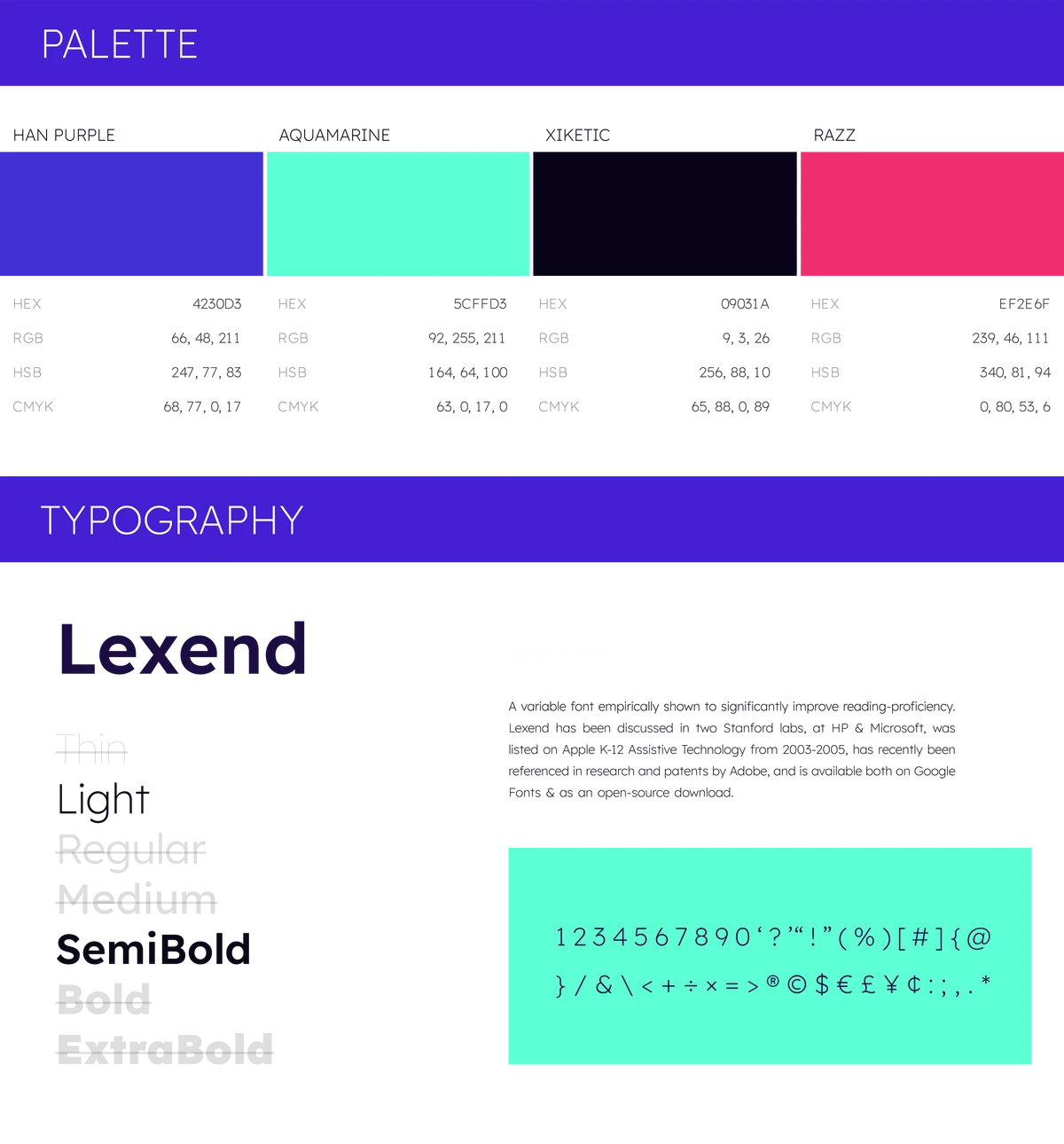 East Coast Cluster brand guide page: colour palette and Lexend typography