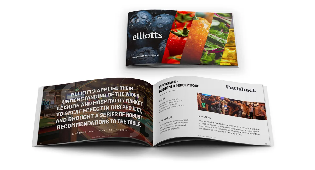 Elliotts credentials booklet, open and closed, with food photography