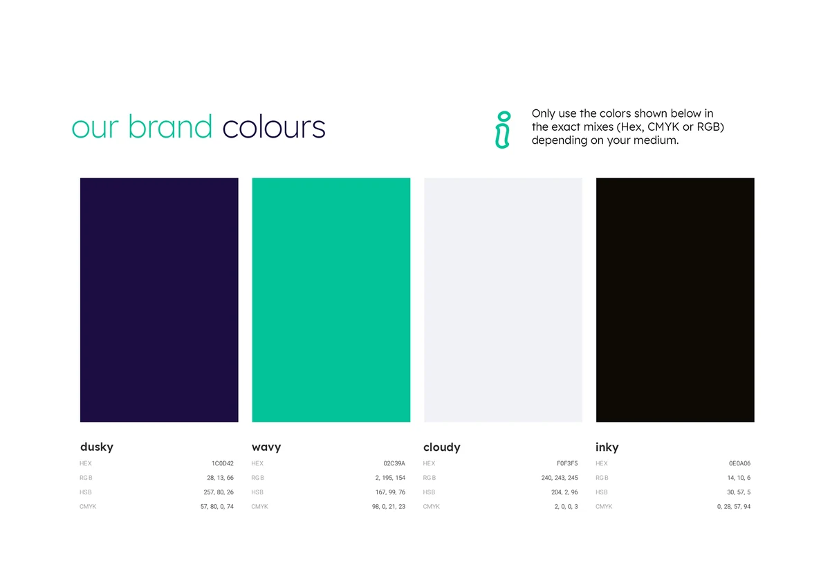 Brand guide page: brand colours (dusk, ivory, cloudy and inky)
