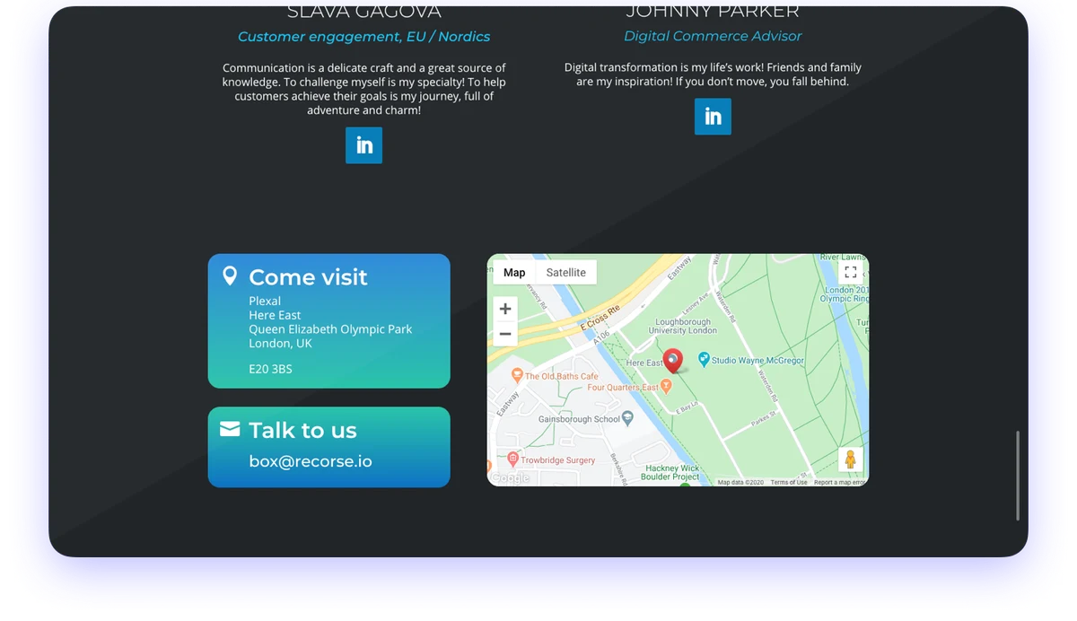 ReCorse website contact section with an address card and map