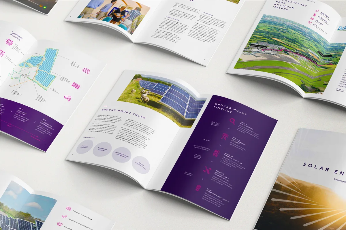 A5 landscape brochure spreads with solar farm photography