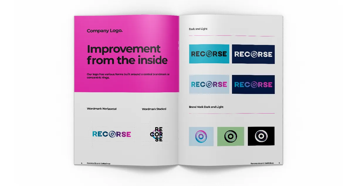ReCorse brand guidelines spread "Improvement from the inside" with logo variations