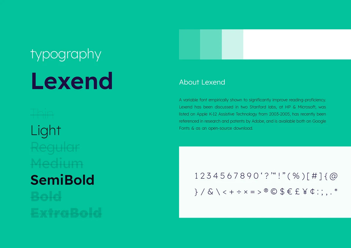 Brand guide page: typography in Lexend with a mint green panel