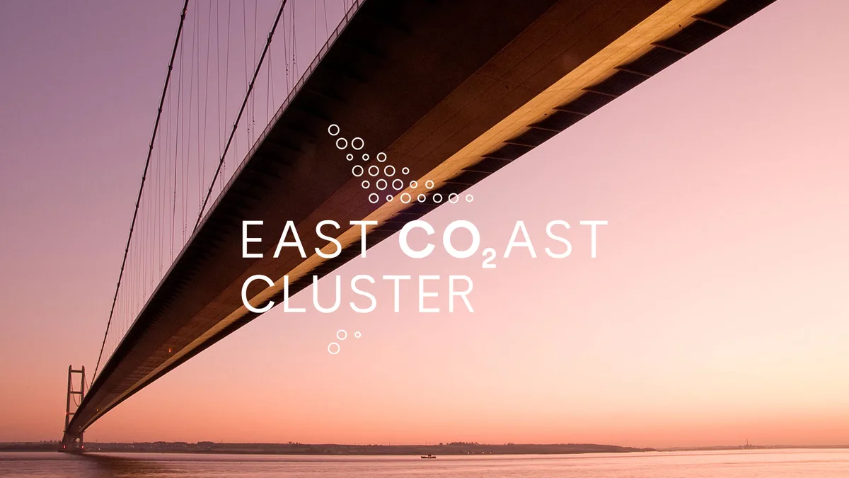 East Coast Cluster logo over the Humber Bridge at sunset