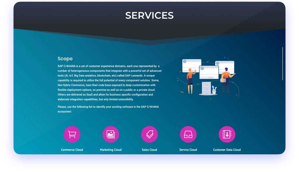 ReCorse website "Services" page with icons for each service