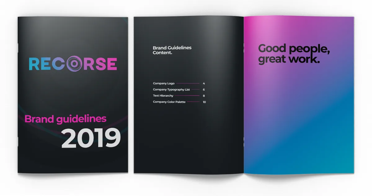 ReCorse brand guidelines 2019: cover, contents and a gradient inside cover