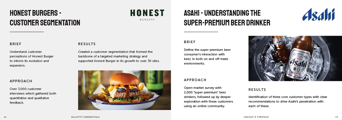 Booklet spread: Honest Burgers and Asahi customer segmentation case studies