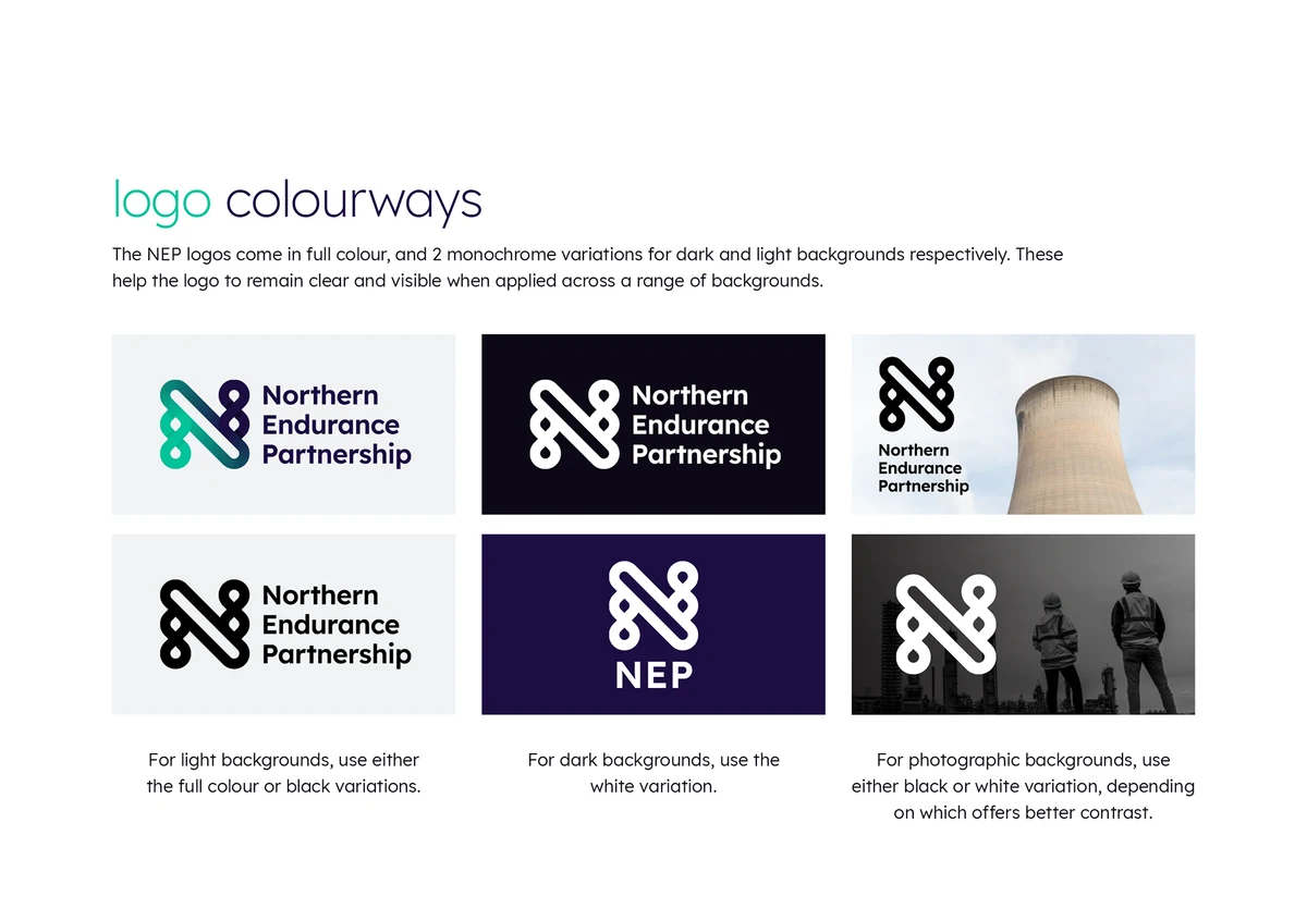 Brand guide page: logo colourways on light, dark and photographic backgrounds