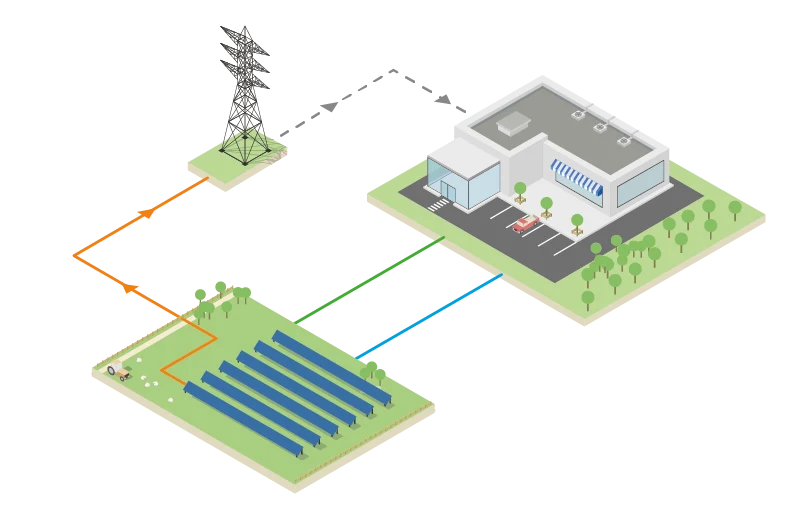 Isometric illustration of a solar farm connected to a building by a pylon