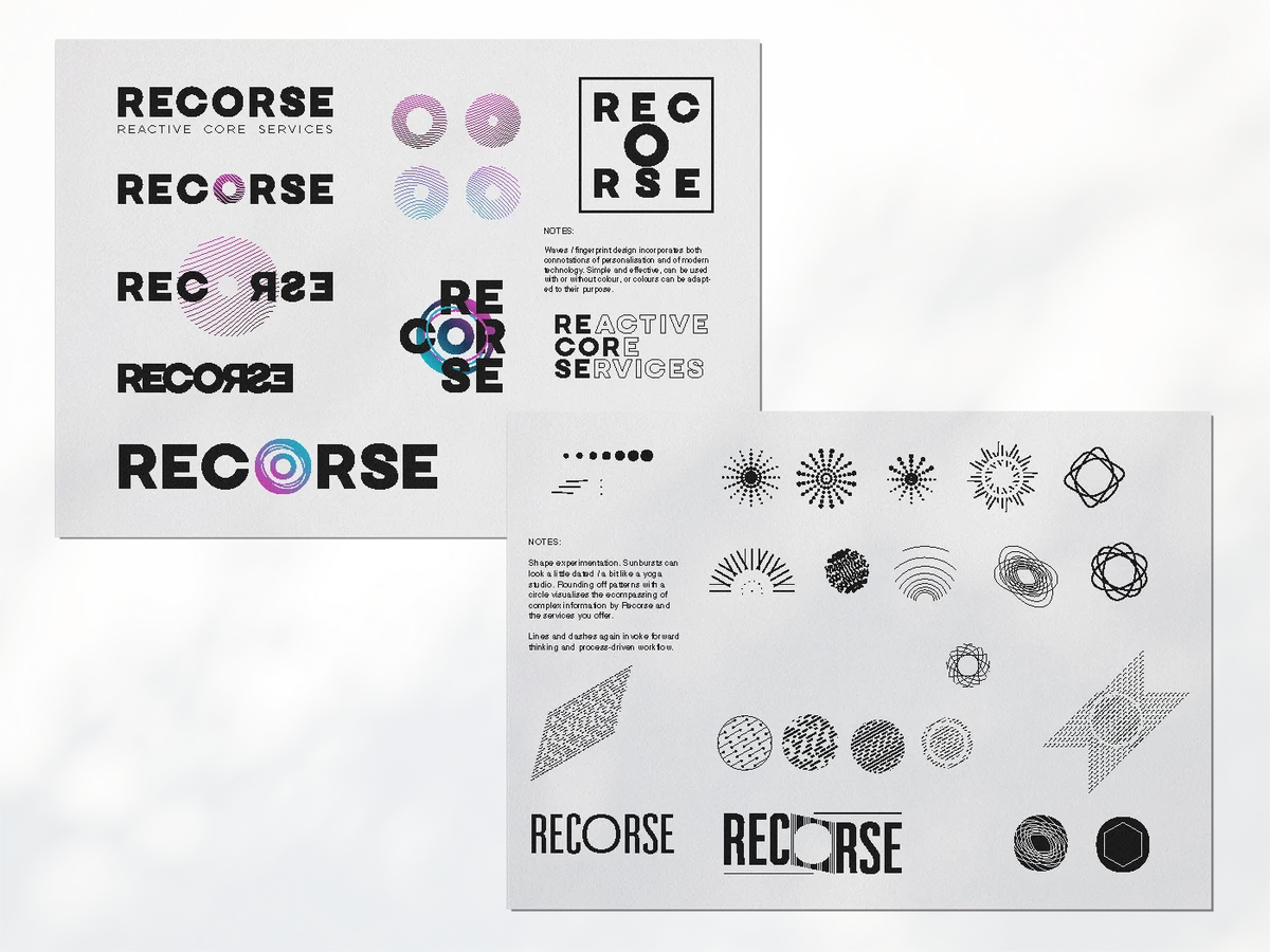 ReCorse brand and logo exploration: logo variations, radial pattern elements and icon sheets