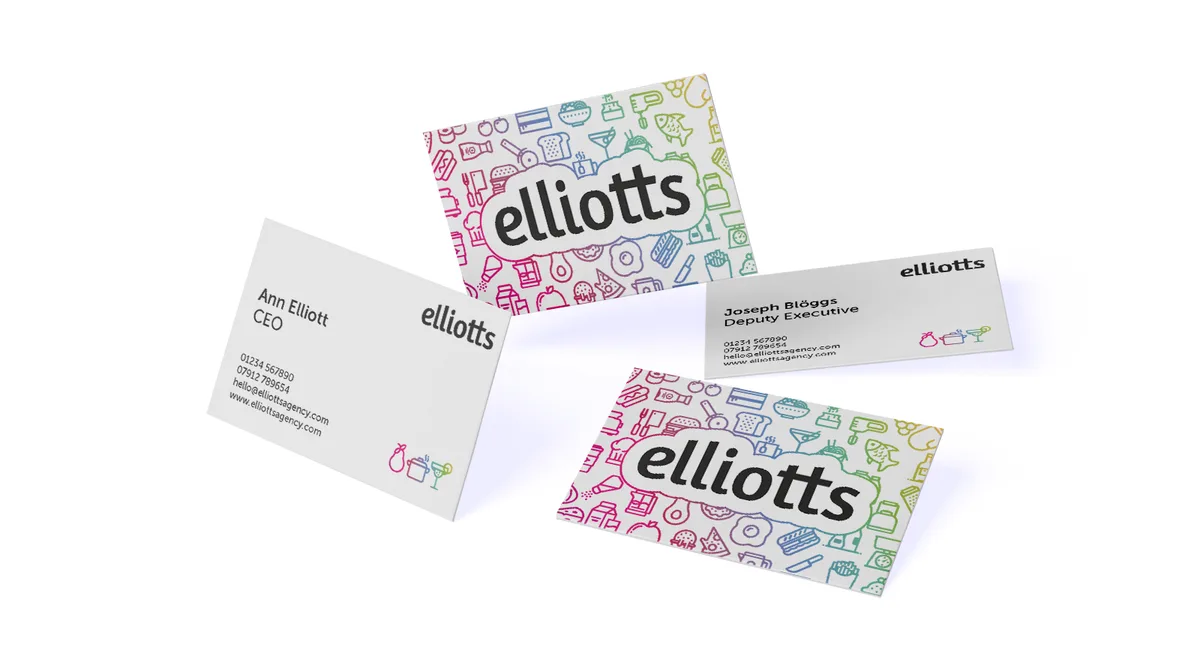 Elliotts business cards with a colourful food illustration pattern