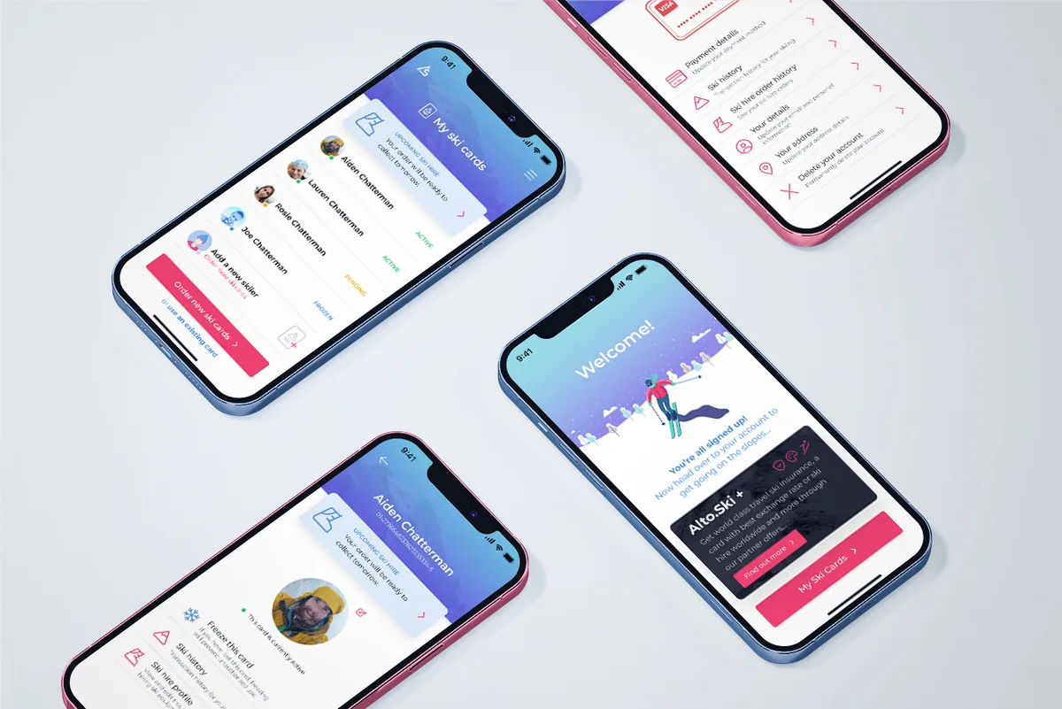 Four iPhones showing the redesigned Alto.Ski app screens