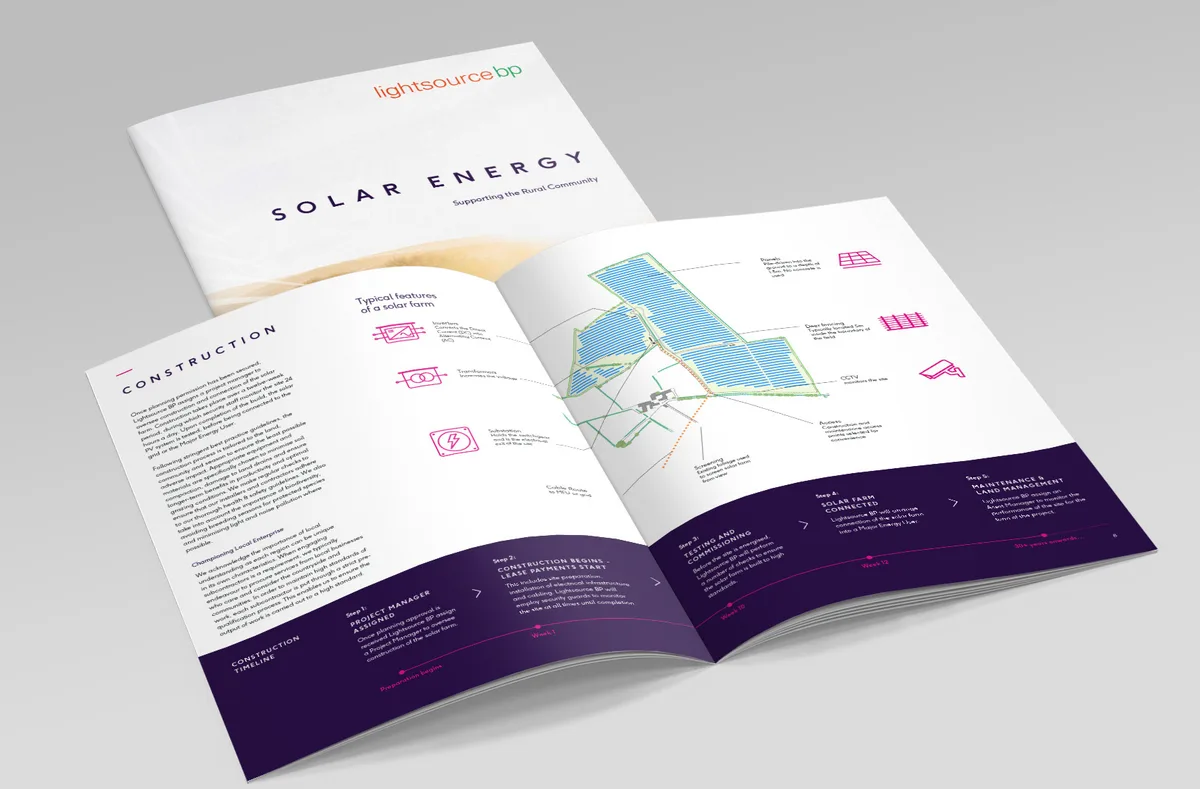 Lightsource bp solar energy brochure, open spread with maps and diagrams