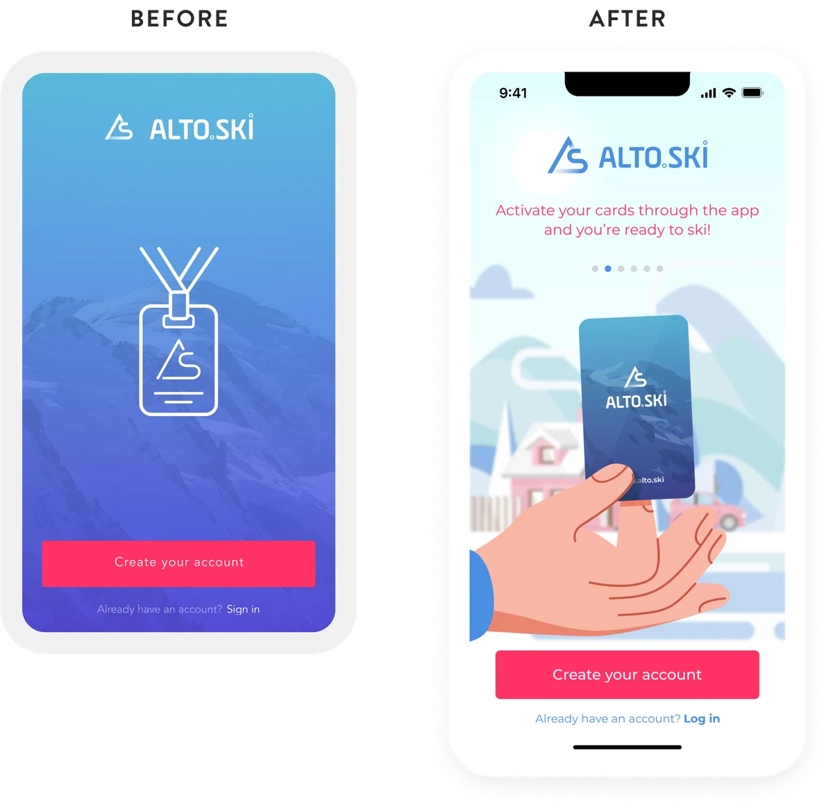 Before and after: the onboarding screen, redesigned with an illustration of the ski card