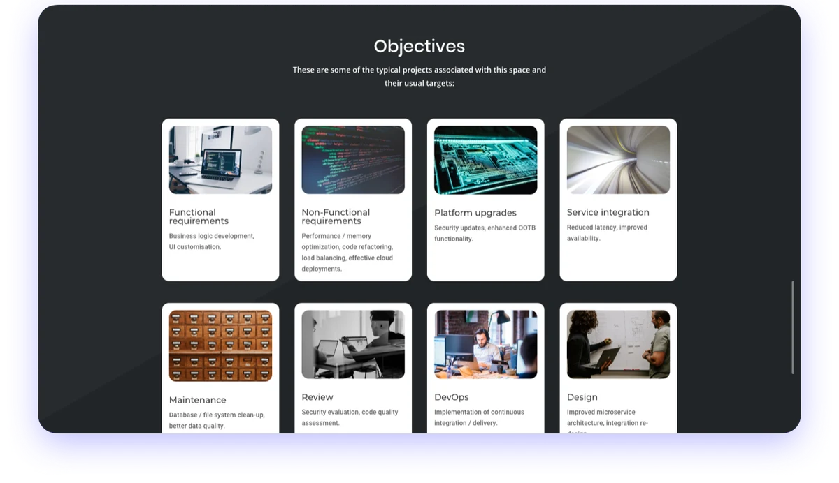 ReCorse website "Objectives" page with a grid of project cards