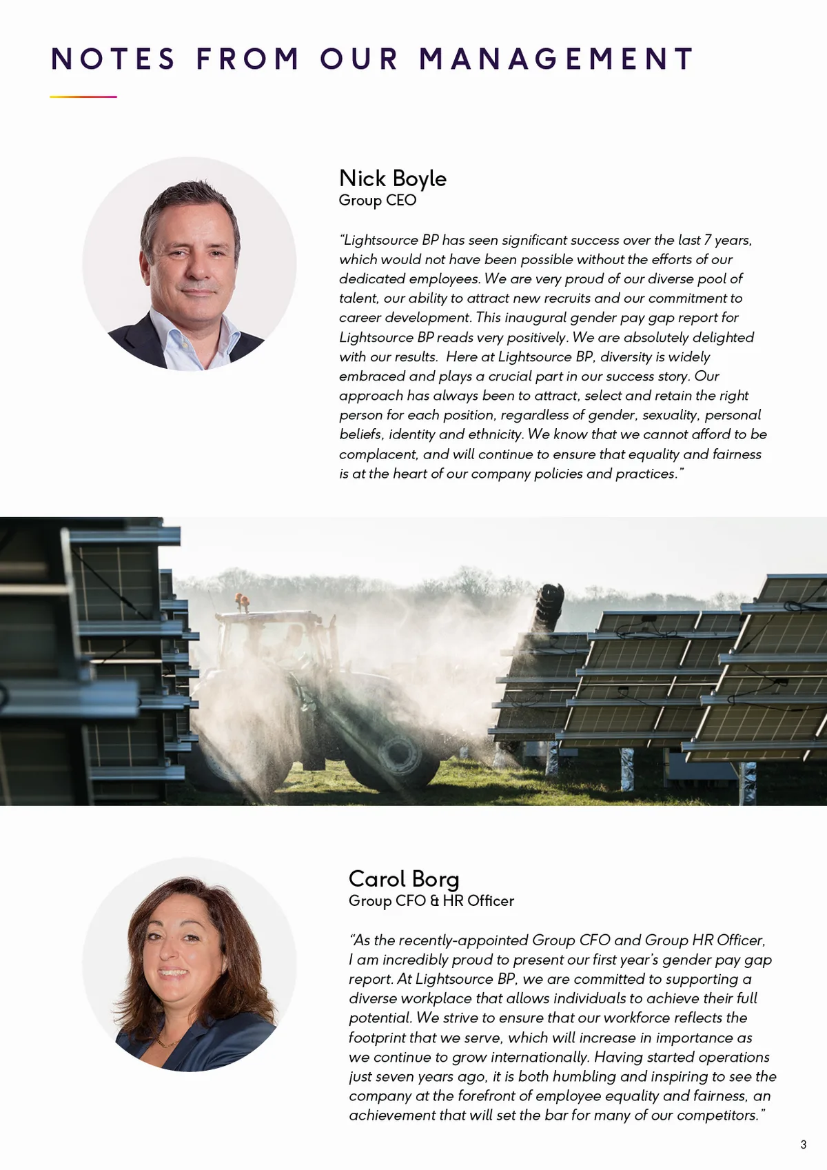 Gender pay gap report page: notes from management with portraits