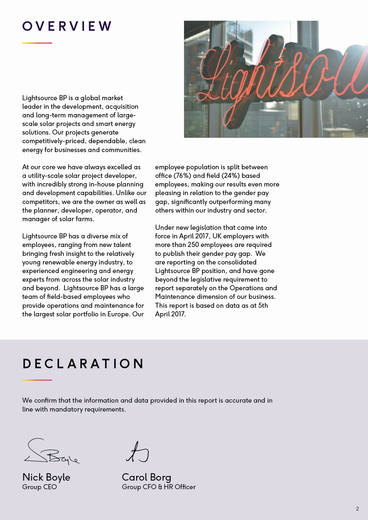Gender pay gap report page: overview and signed declaration
