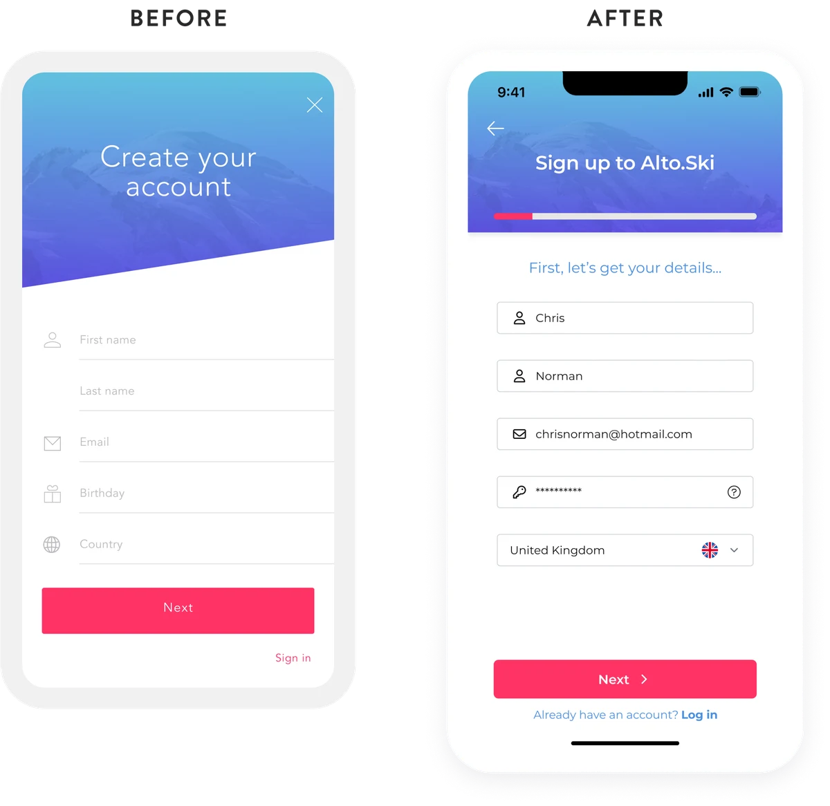 Before and after: the create-account screen, redesigned as a sign-up form